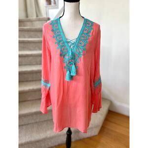 Maison du Caftan Coral Pink & Teal Metallic Embroidered Tunic